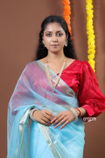 Load image into Gallery viewer, Elegant Sky Blue Organza Saree with Golden Border and Sheen
