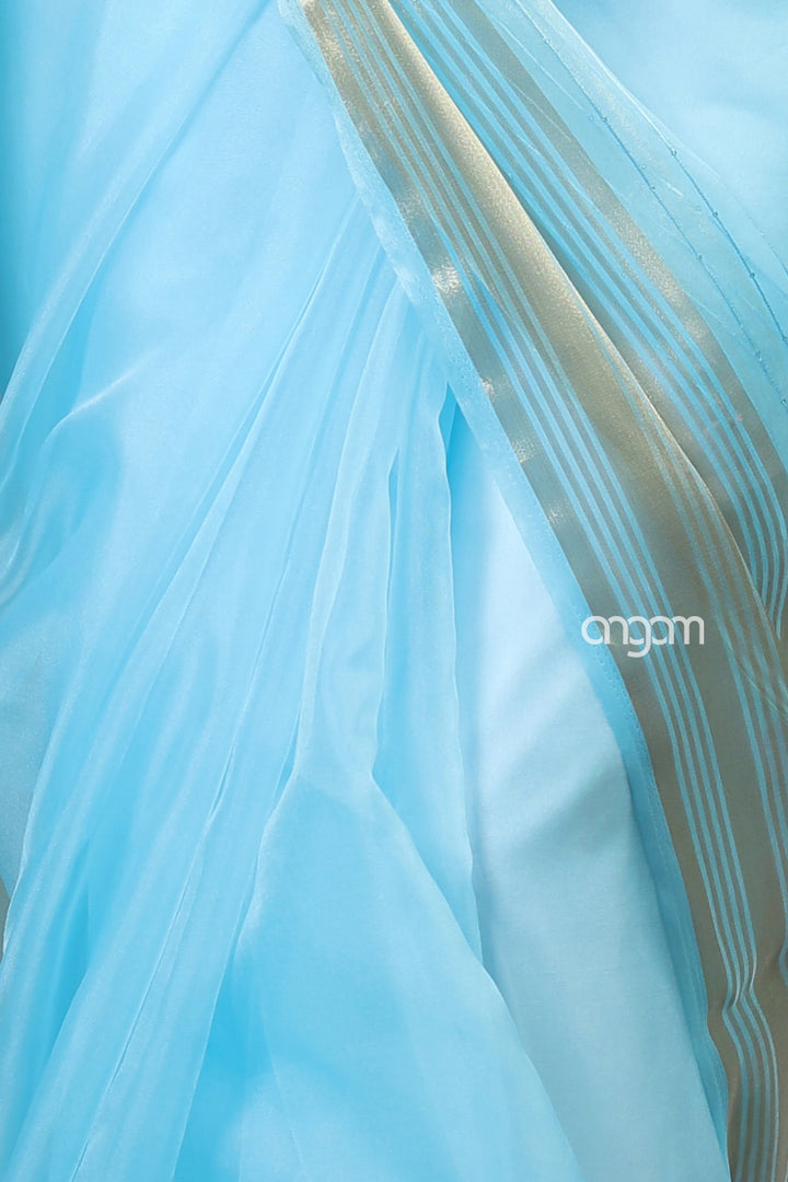 Elegant Sky Blue Organza Saree with Golden Border and Sheen