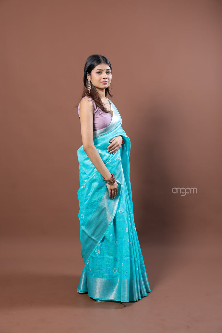Sky Blue Kota Viscose Digital Print Saree with Floral Accents