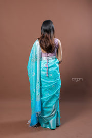 Sky Blue Kota Viscose Digital Print Saree with Floral Accents