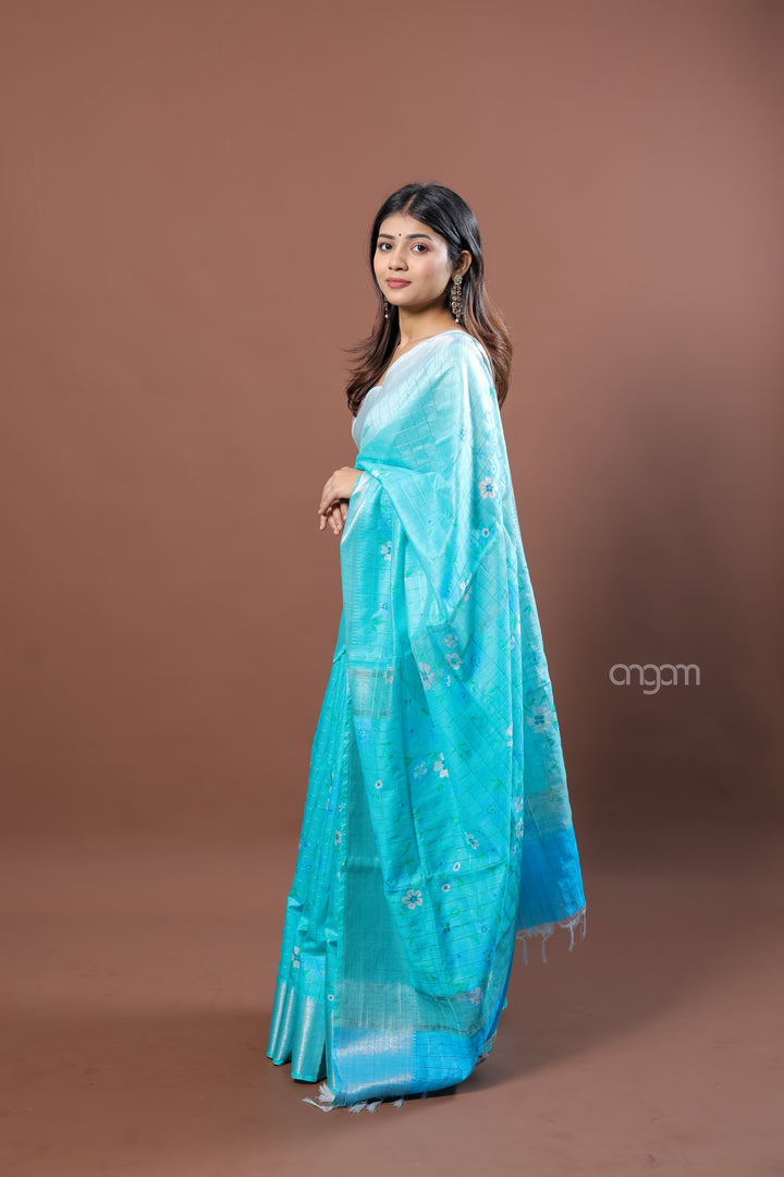 Sky Blue Kota Viscose Digital Print Saree with Floral Accents