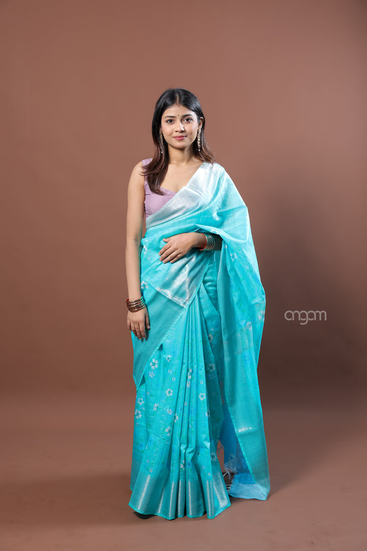 Sky Blue Kota Viscose Digital Print Saree with Floral Accents