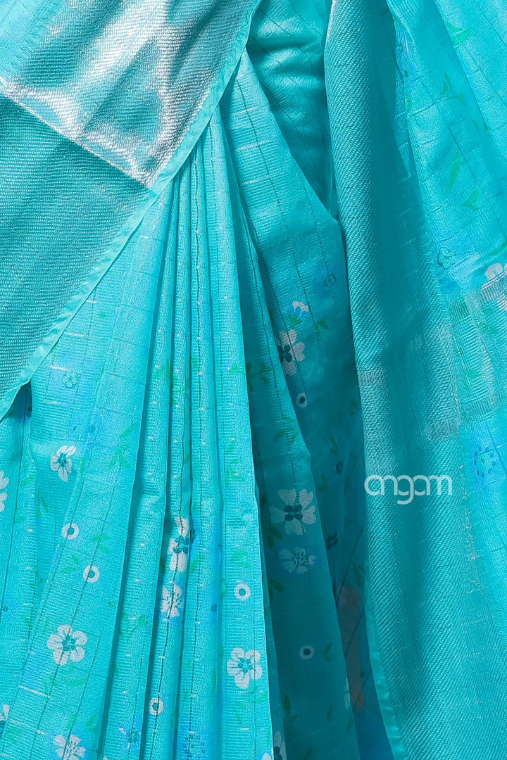 Sky Blue Kota Viscose Digital Print Saree with Floral Accents