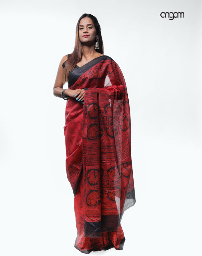 Elegant Red and Black Kota Viscose Saree with Traditional Prints