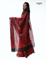 Elegant Red and Black Kota Viscose Saree with Traditional Prints