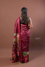 Kolika Ghicha Digital Print Saree in Maroon with Floral Elegance