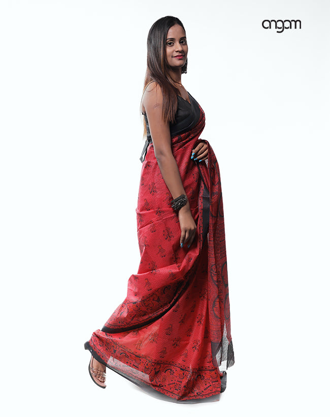 Elegant Red and Black Kota Viscose Saree with Traditional Prints