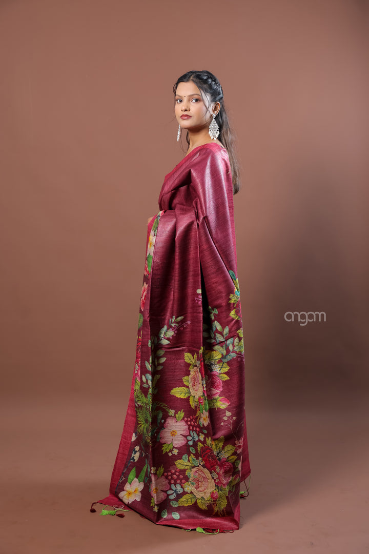 Kolika Ghicha Digital Print Saree in Maroon with Floral Elegance