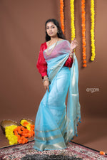 Load image into Gallery viewer, Sky Blue Organza Saree with Silver Zari Border – Ethereal Elegance
