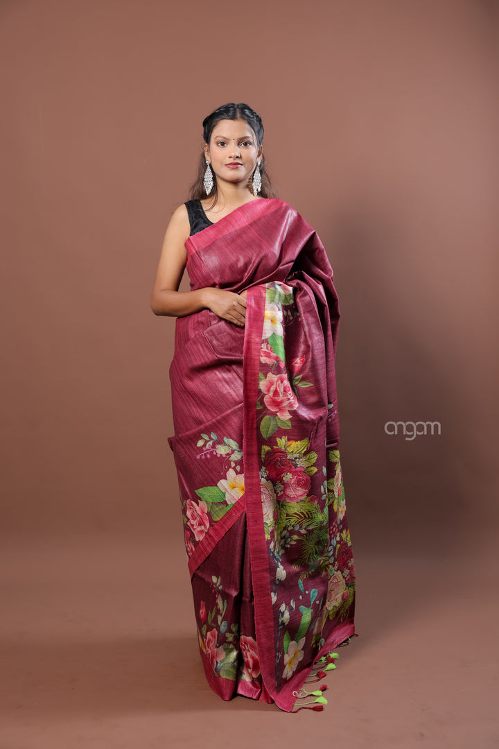 Kolika Ghicha Digital Print Saree in Maroon with Floral Elegance