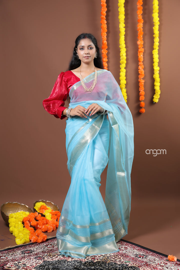 Sky Blue Organza Saree with Silver Zari Border – Ethereal Elegance