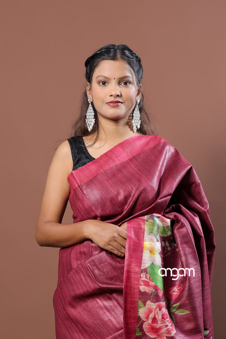 Kolika Ghicha Digital Print Saree in Maroon with Floral Elegance