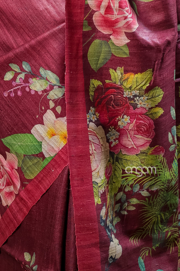 Kolika Ghicha Digital Print Saree in Maroon with Floral Elegance