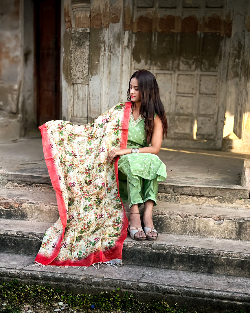 Elegant Floral Tussar Silk Dupatta with Crimson Border Accent