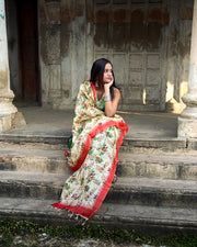Elegant Floral Tussar Silk Dupatta with Crimson Border Accent