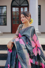 Load image into Gallery viewer, Black Silk Saree with Bold Pink Floral Print Design
