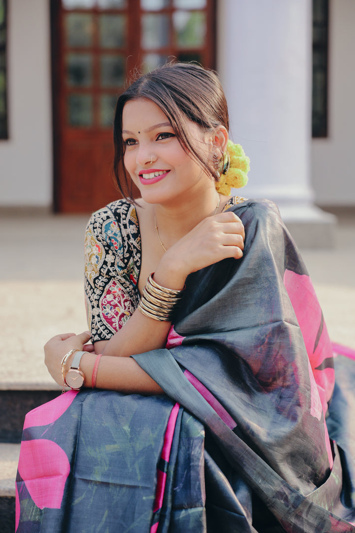 Black Silk Saree with Bold Pink Floral Print Design