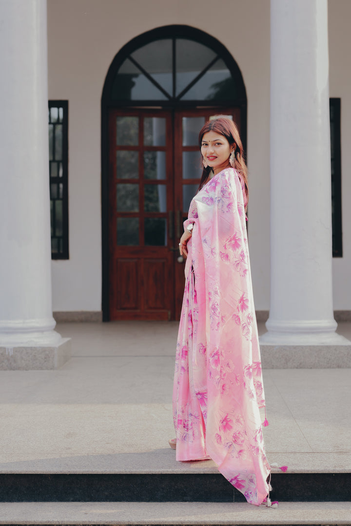 Light Pink Silk Saree with Elegant Floral Print Detailing