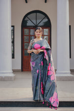 Load image into Gallery viewer, Black Silk Saree with Bold Pink Floral Print Design
