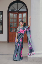 Load image into Gallery viewer, Black Silk Saree with Bold Pink Floral Print Design
