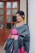 Load image into Gallery viewer, Black Silk Saree with Bold Pink Floral Print Design
