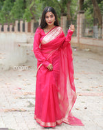 Load image into Gallery viewer, Elegant Pink Organza Saree with Golden Border for Festive Wear
