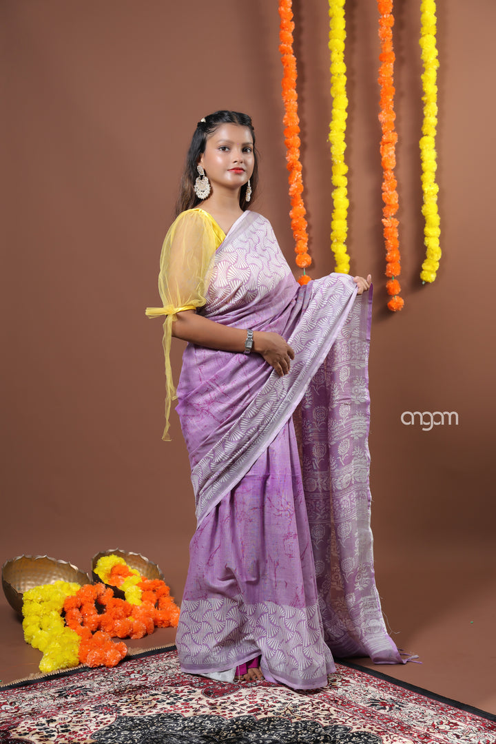 Elegant Lavender Cotton Slub Saree with Intricate White Prints Design