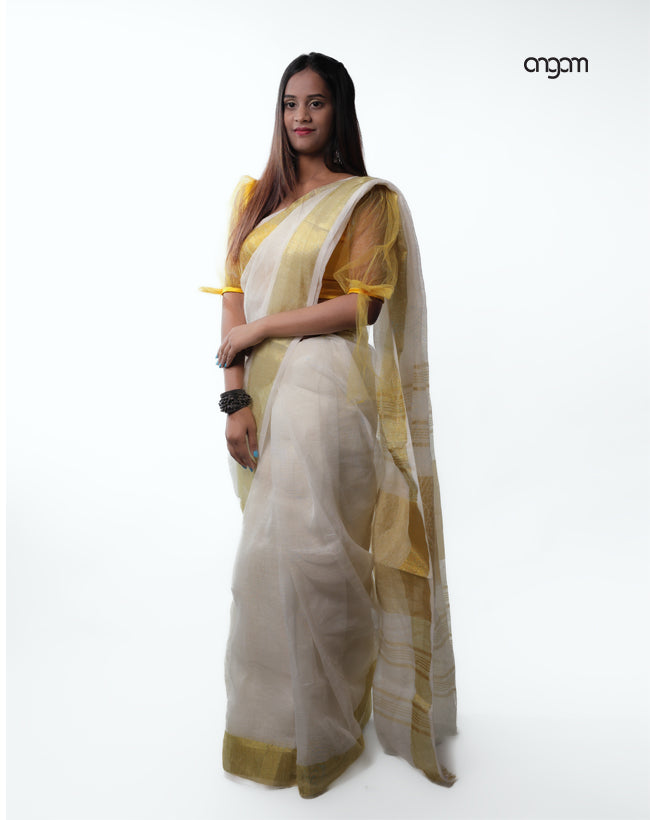 Elegant White Linen Saree with Golden Border and Striped Pallu