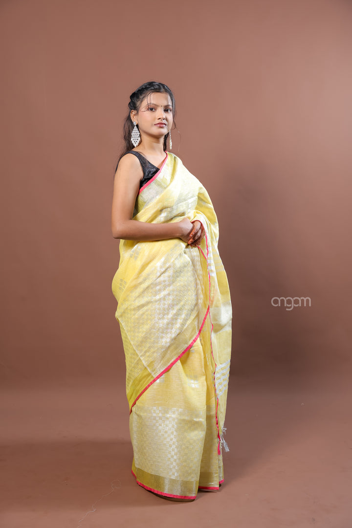 Elegant Yellow Linen Saree with Subtle Silver Stripes and Border