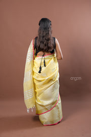 Elegant Yellow Linen Saree with Subtle Silver Stripes and Border