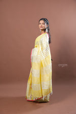 Load image into Gallery viewer, Elegant Yellow Linen Saree with Subtle Silver Stripes and Border
