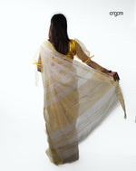 Load image into Gallery viewer, Elegant White Linen Saree with Golden Border and Striped Pallu
