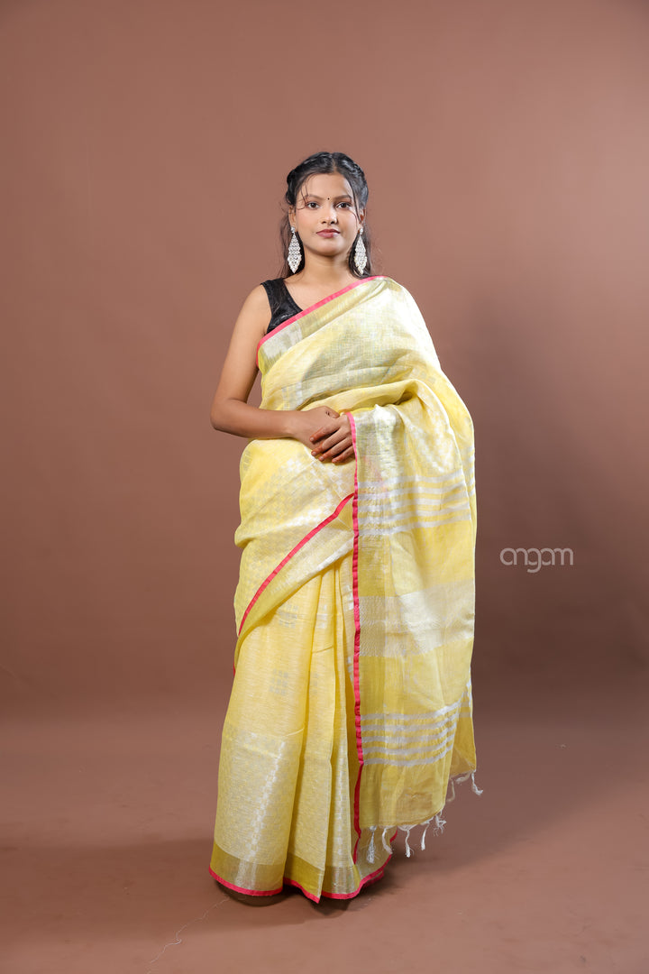 Elegant Yellow Linen Saree with Subtle Silver Stripes and Border