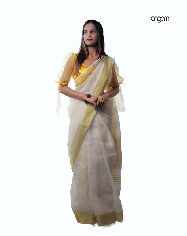 Elegant White Linen Saree with Golden Border and Striped Pallu