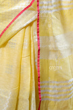 Load image into Gallery viewer, Elegant Yellow Linen Saree with Subtle Silver Stripes and Border
