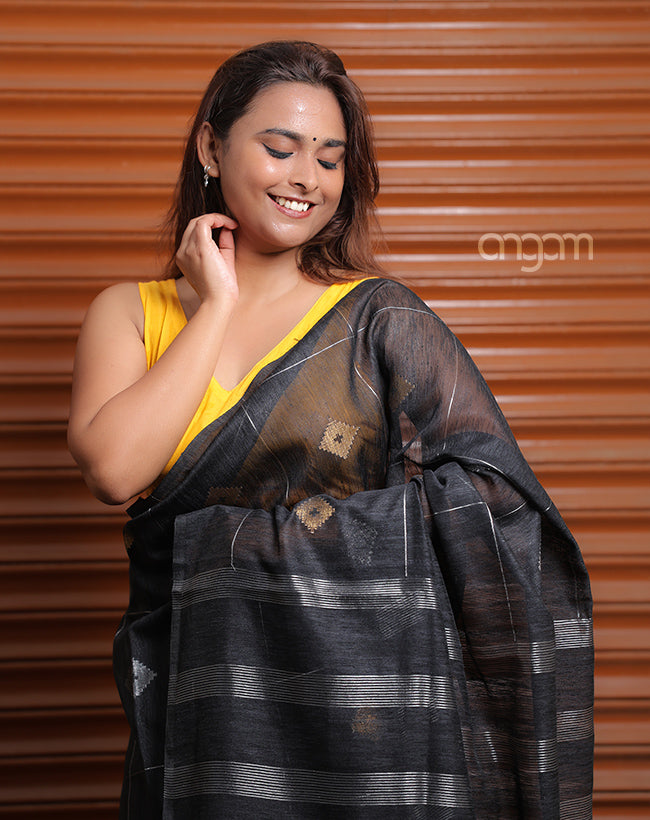Elegant Black Art Silk Saree with Silver and Gold Accents