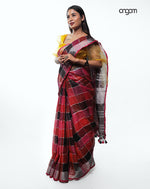 Load image into Gallery viewer, Elegant Multicolor Checked Linen Saree with Tassel Detailing and Shine
