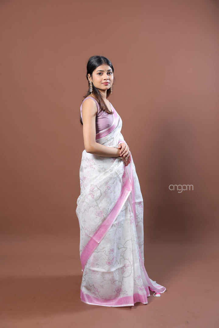 White and Pink Linen Digital Print Saree with Border