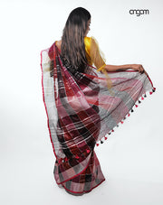 Elegant Multicolor Checked Linen Saree with Tassel Detailing and Shine