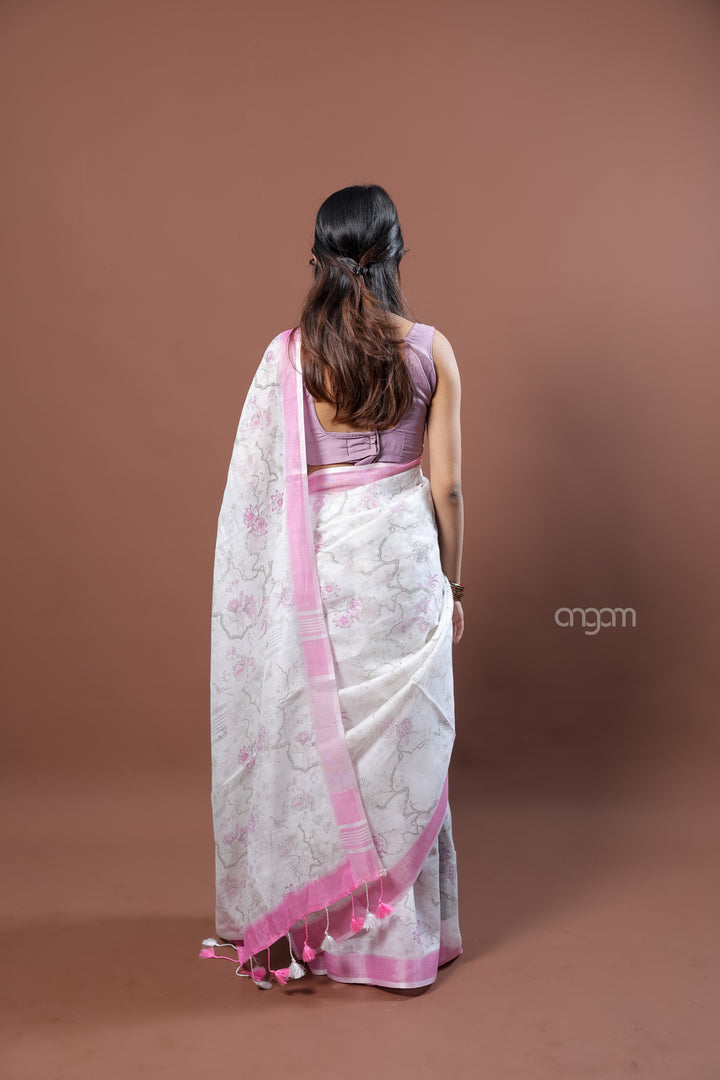 White and Pink Linen Digital Print Saree with Border