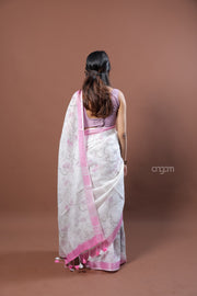 White and Pink Linen Digital Print Saree with Border