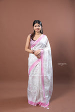 Load image into Gallery viewer, White and Pink Linen Digital Print Saree with Border
