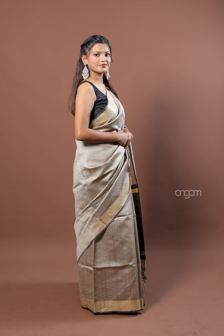 Elegant Beige Tussar Silk Saree with Dark Brown Border