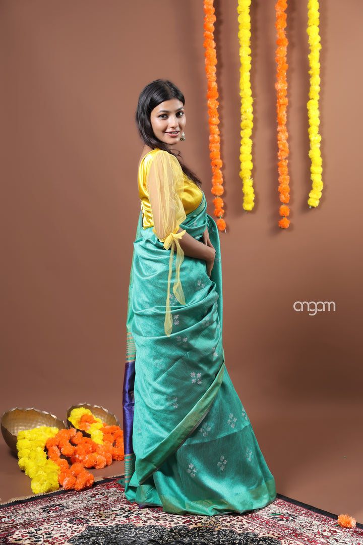 Green Art Dupion Saree with Elegant Motifs and Contrast Border