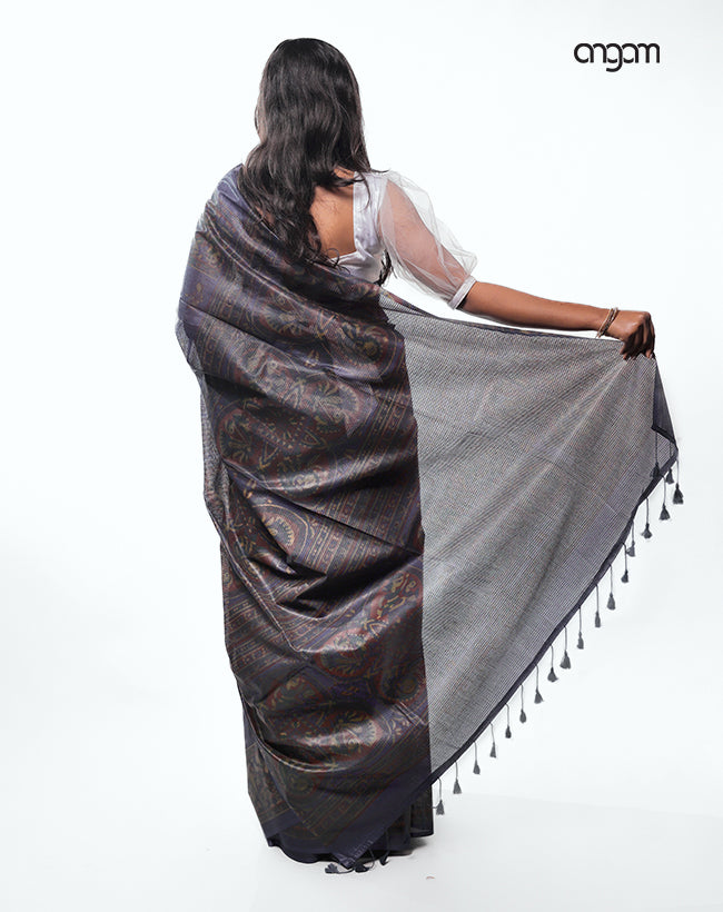 Graceful Black and Blue Kota Viscose Saree with Ethnic Prints