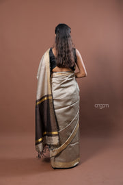 Elegant Beige Tussar Silk Saree with Dark Brown Border
