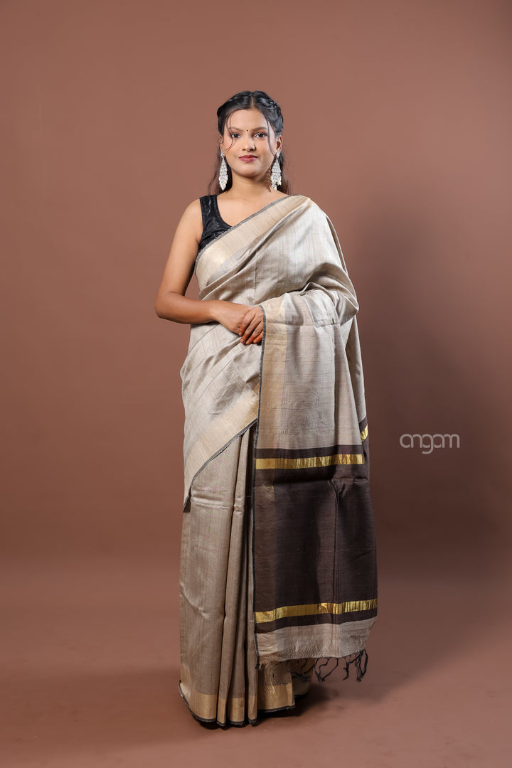 Elegant Beige Tussar Silk Saree with Dark Brown Border