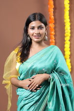 Load image into Gallery viewer, Green Art Dupion Saree with Elegant Motifs and Contrast Border
