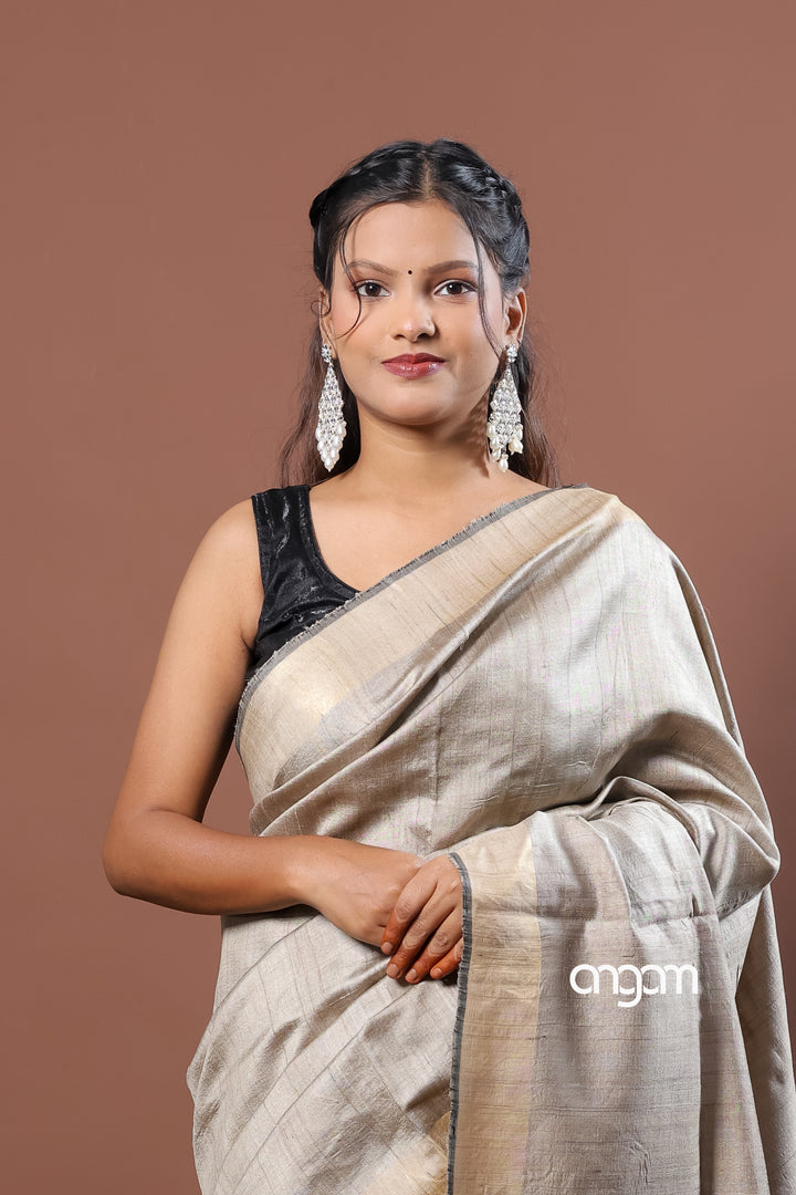 Elegant Beige Tussar Silk Saree with Dark Brown Border