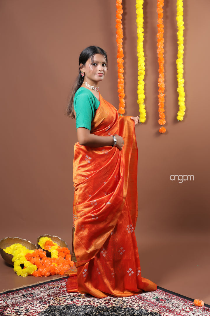 Vibrant Orange Art Dupion Saree with Floral Motifs and Border